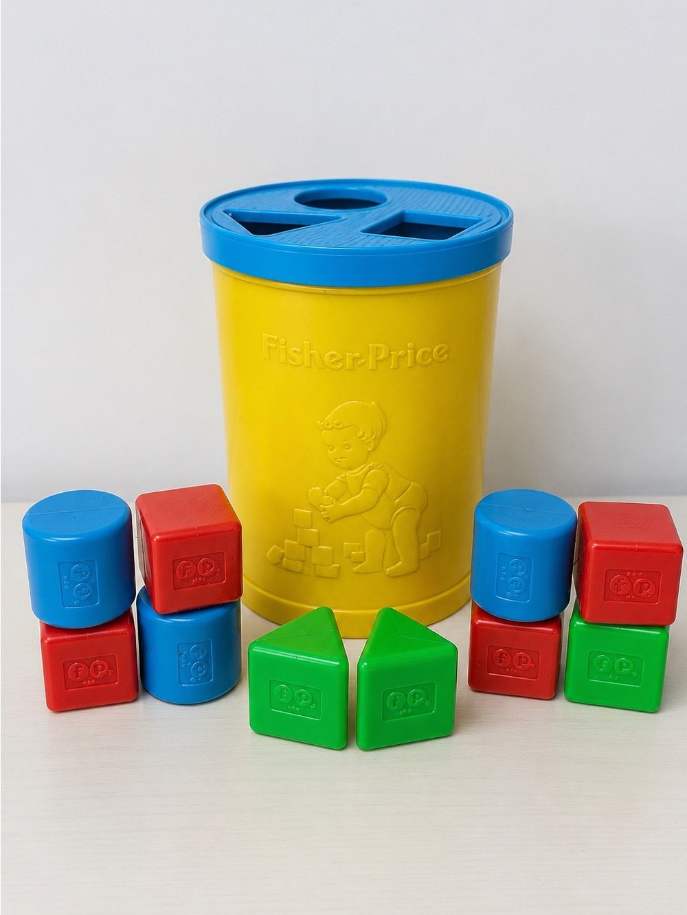 Vintage 1977 Fisher-Price Baby’s First Blocks Shape Sorter Bucket 10 Blocks